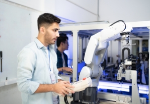 Young Caucasian male industrial engineer in a blue shirt standing controlling an automation robotic arm machine for multiple industrial applications w